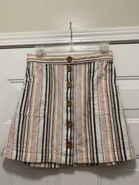 Roxy Linen & Cotton Striped Button-Front Mini Skirt in Pink, & Cream Sz Medium